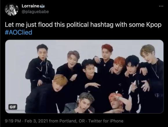 Figure 12: A tweet calling on K-Pop fans to “flood” the #AOClied hashtag. Credit: TaSC.