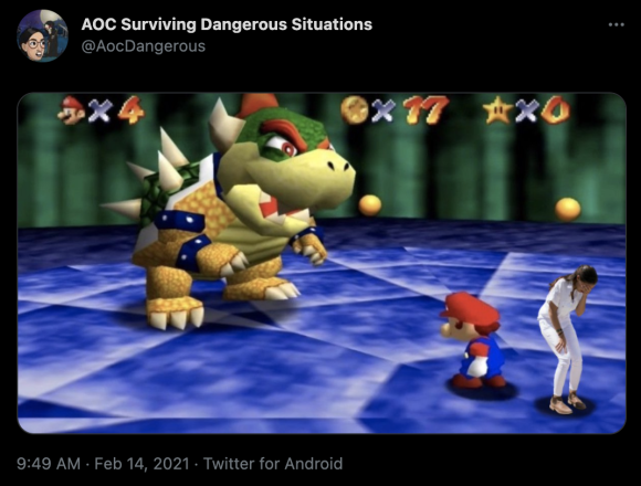 Figure 18: An image of Ocasio-Cortez digitally superimposed onto a still from the 1996 video game, Super Mario 64. Credit: TaSC.