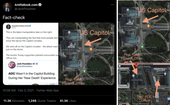 Figure 2: Right-wing media influencer Jack Posobiec tweeting an annotated map of the Capitol Complex, along with a screenshot of a tweet posted by Ocasio-Cortez. Credit: TaSC.