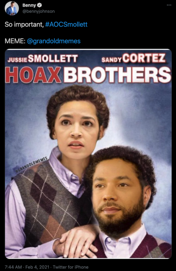 Figure 5: Right-wing influencer Benny Johnson tweeting a photoshopped image of Ocasio-Cortez and Actor Jussie Smollett, meant to spoof the movie poster for the 2008 film Step Brothers. Credit: TaSC.