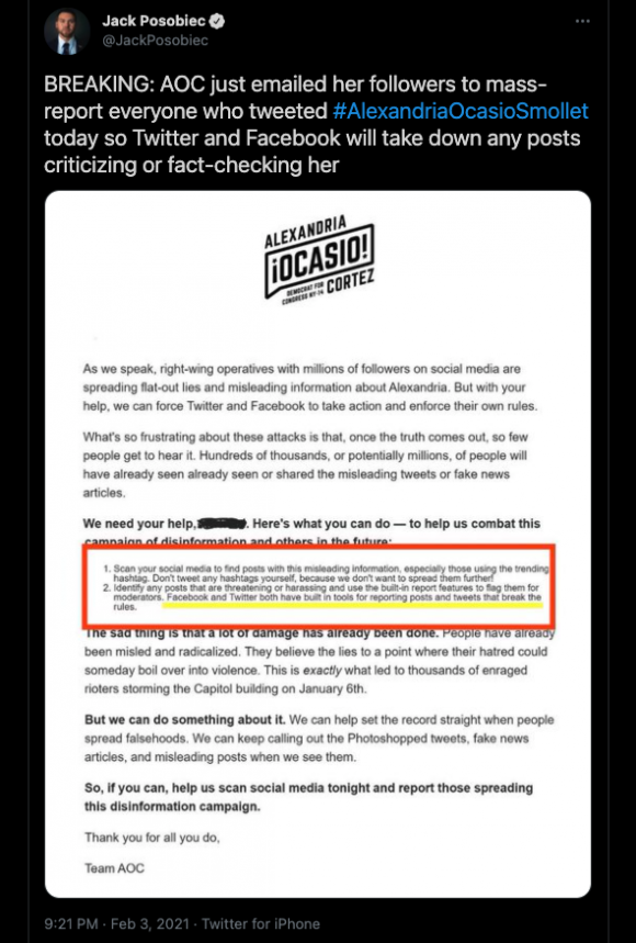 Figure 6: Jack Posobiec tweeting an annotated screenshot of an email sent by the Ocasio-Cortez campaign team. Credit: TaSC.