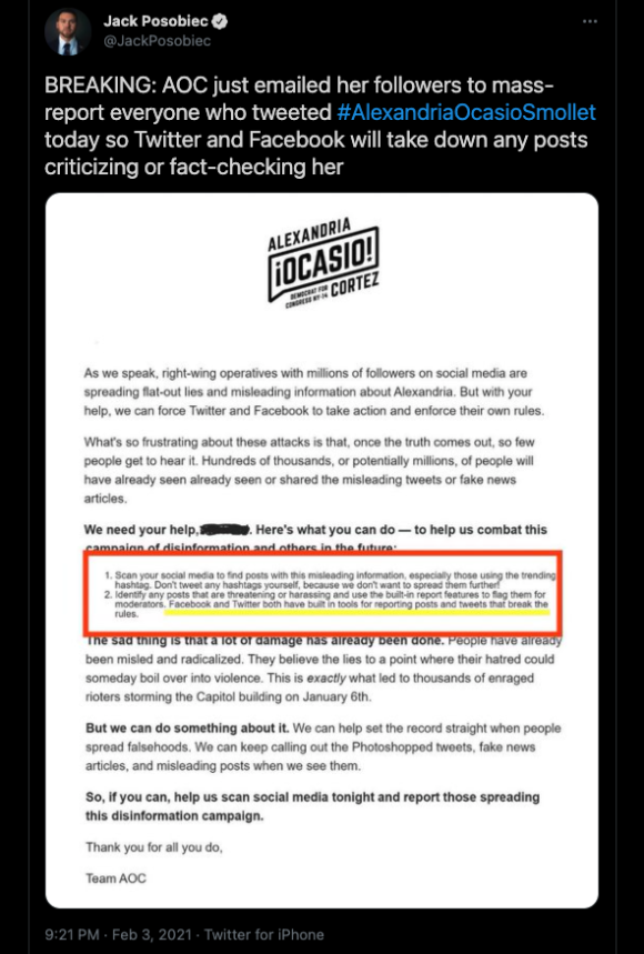 Figure 6: Jack Posobiec tweeting an annotated screenshot of an email sent by the Ocasio-Cortez campaign team. Credit: TaSC.