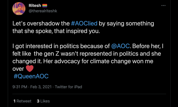 Figure 7: A tweet calling Ocasio-Cortez supporters to “overshadow” the #AOClied hashtag with positive stories about the representative. Credit: TaSC.