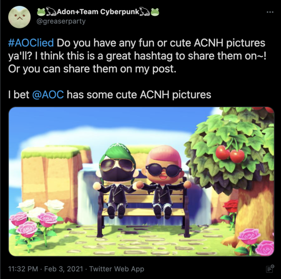 Figure 9: A tweet calling Ocasio-Cortez supporters to share images from the video game Animal Crossing: New Horizons using the #AOCLied hashtag. Credit: TaSC.