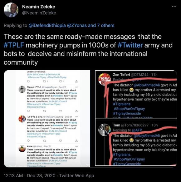 Figure 13: Tweet by Neamin Zeleke alleging the use of bots by pro-TPLF organizers to mislead the public. Source: https://twitter.com/NeaminZeleke/status/1343424717185822720