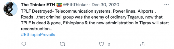 Figure 14: A government supporter blames infrastructure destruction on TDF. Source: https://twitter.com/EthThinker/status/1344266558688944129?s=20