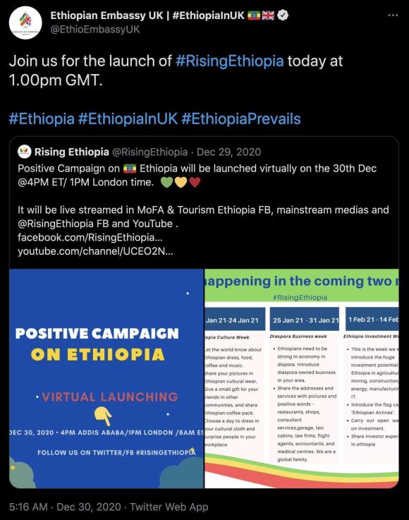 Figure 7: Example of the Ethiopian embassy in the UK using one of the pro-government hashtags that began circulating at the beginning of the conflict. Source: https://twitter.com/EthioEmbassyUK/status/1344225829165936640