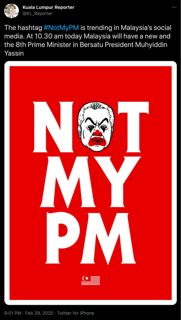 Figure 14: #NotMyPM campaign repurposing the clown imagery from the original #KitaSemuaPenghasut campaign. Screenshot by TaSC.