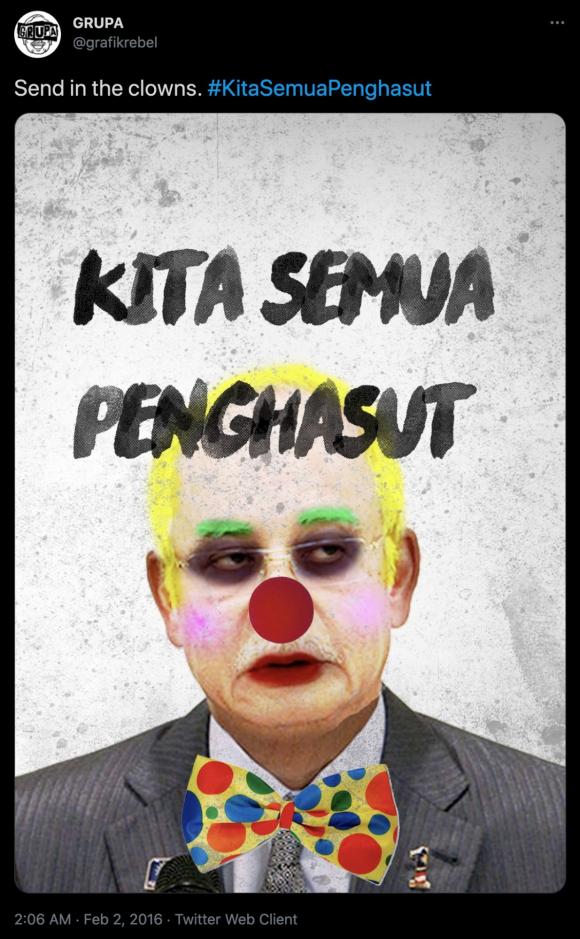 Figure 3. GRUPA’s remixed version of Najib as a clown. Screenshot by TaSC.