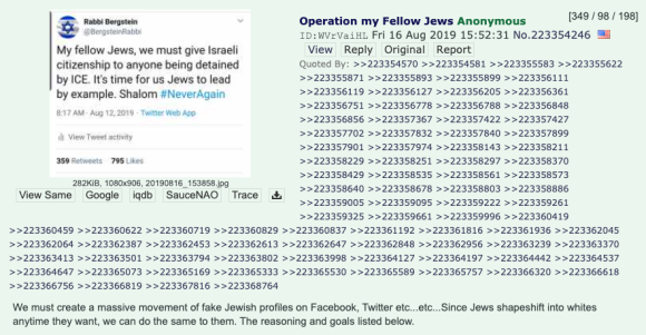 Figure 1: A 4chan user posting the original campaign planning thread for “Operation My Fellow Jews” on /pol/, which includes a screenshot presumably depicting the user’s own sockpuppet Twitter account, accessed via archive.4plebs.org, archived on Perma.cc, https://perma.cc/NP22-DYSD. Credit: TaSC.