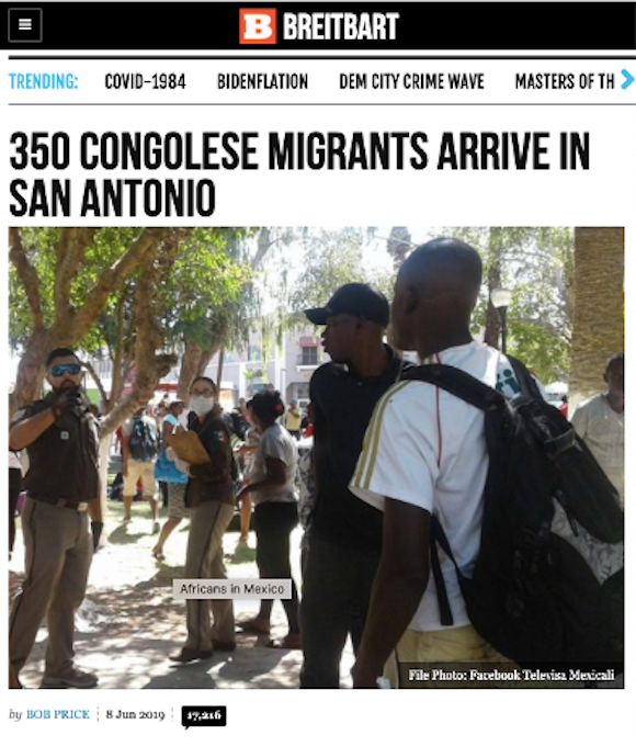 A screenshot of a Breitbart headline that reads: "350 Congolese Migrants Arrive in San Antonio"