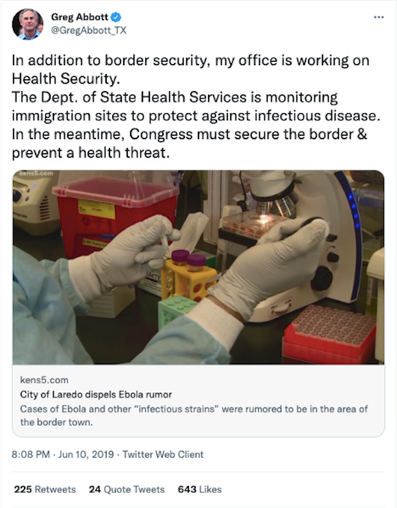 A screenshot of @GregAbbott_TX's tweet: "In addition to border security, my office is working on Health Security. The Dept. of State Health Services is monitoring immigration sites to protect against infectious disease. In the meantime, Congress must secure the border & prevent a health threat." 