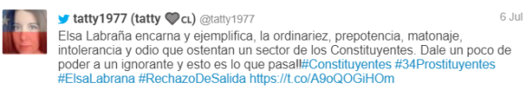 Figure 19: A tweet by @tatty1977 reads “Elsa Labraña encarna y ejemplifica, la ordinariez, prepotencia, matonaje, intolerancia y odio que ostentan un sector de los Constituyentes. Dale un poco de poder a un ignorante y esto es lo que pasa #Constituyentes #34Prostituyentes #ElsaLabrana #RechazoDeSalida,” Archived on Perma.cc, https://perma.cc/MU4A-B9LF. Credit: Patricio Durán and Tomás Lawrence.