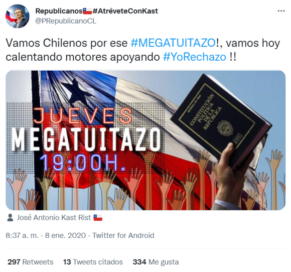 Figure 3. Tweet from an account that presents itself as affiliated with the Chilean Republican Party calling their partisans to do a tweetathon using the hashtag #YoRechazo. The tweet (archived on Perma.cc, https://perma.cc/KUT6-W36P) reads, “Let’s go Chileans on this MEGATUITAZO!, today we’re revving our motors to support #YoRechazo !!” Credit: Patricio Durán and Tomás Lawrence.