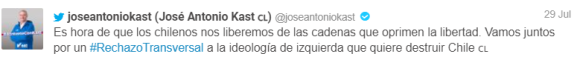 Figure 5.  Tweet from Chilean presidential candidate José Antonio Kasreading, “It’s time for Chileans to liberate ourselves from the chains that oppress liberty. Together let’s go for a #RechazoTransversal (“crosscutting rejection”) of the leftist ideology that wants to destroy Chile,” archived on Perma.cc, https://perma.cc/QL4Q-MGCW. Credit: Patricio Durán and Tomás Lawrence. 