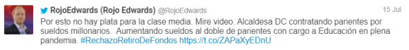 Figure 6. Tweet from then-Kast spokesman Rojo Edwards using the hashtag #RechazoRetiroDeFondos (“reject funds withdrawal”) to allege cronyism and political corruption in leftist Chilean politics. Archived on Perma.cc, https://perma.cc/PWV3-7V4P. Credit: Patricio Durán and Tomás Lawrence.