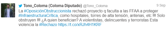 Figure 7. Tweet by the right-wing Chilean congressman Antonio Coloma using the hashtag #Rechazo to attack his political opponents’ stance on infrastructure projects, archived on Perma.cc, https://perma.cc/SSU6-JKL9. Credit: Patricio Durán and Tomás Lawrence.