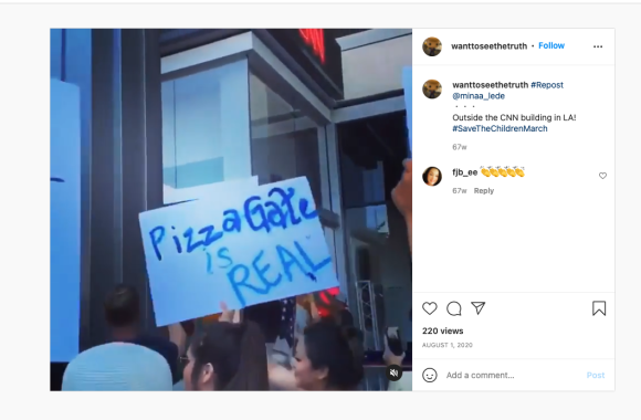 Figure 10. An Instagram video taken during the July 31 Save The Children March in Hollywood, CA, showing a protestor holding a sign that reads “Pizzagate is real.” Archived on Perma.cc, https://perma.cc/F3LM-TPUV. Credit: TaSC. 