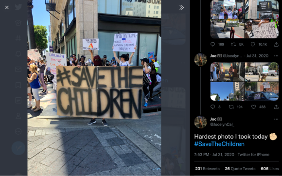 Figure 11. A Twitter thread of several images taken during the July 31 Save The Children March in Hollywood, CA. Archived on Perma.cc, https://perma.cc/84PL-RHGS. Credit: TaSC. 