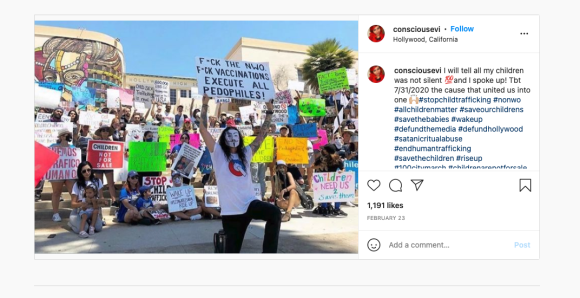 Figure 12. An Instagram post showing Scotty “The Kid” Rojas at the Save The Children March in Hollywood on July 31, 2020. Archived on Perma.cc, https://perma.cc/2Z6B-RUQ4. Credit: TaSC.