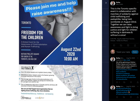 Figure 16. A Twitter thread advertising a “Freedom for The Children” event on Aug. 22, in Toronto, posted by an unverified user. Archived on Perma.cc, https://perma.cc/67VG-JUPH. Credit: TaSC.