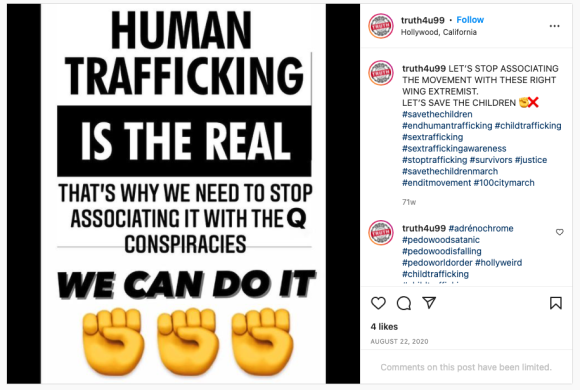 Figure 17. A pro-#SaveTheChildren Instagram post calling for followers to “stop associating” the “movement” with QAnon. Archived on Perma.cc, https://perma.cc/26CC-VHZN. Credit: TaSC.