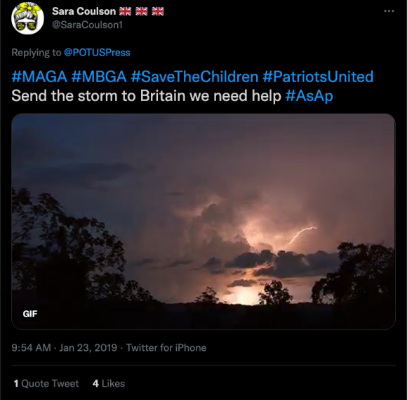 Figure 2. A tweet employing #SaveTheChildren in a reference to QAnon in 2019. Archived on Perma.cc, https://perma.cc/L59L-PU2D. Credit: TaSC.