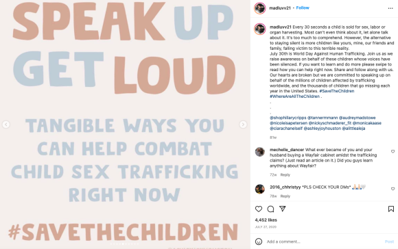 Figure 21. An Instagram post by Influencer Maddie Thompson (@madluvv21) using #SaveTheChildren on July 27, 2020. Archived on Perma.cc, https://perma.cc/47WU-8PQE. Credit: TaSC. 