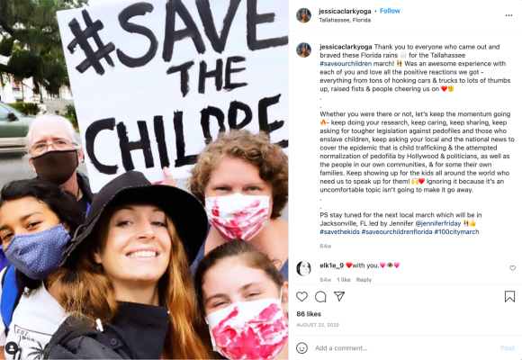 Figure 23. An Instagram post showing #SaveTheChildren protestors in Tallahassee, Florida on Aug. 22, 2020. Archived on Perma.cc, https://perma.cc/PXX4-7RFV. Credit: TaSC.
