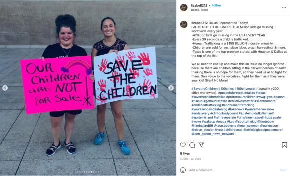 Figure 24. An Instagram post showing #SaveTheChildren protestors in Dallas, Texas, on Aug. 22, 2020. Archived on Perma.cc, https://perma.cc/RRW4-Y7LG. Credit: TaSC.