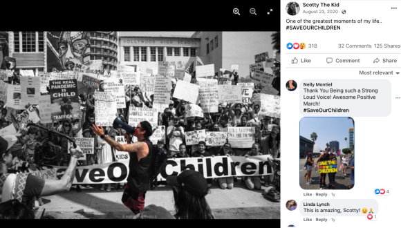 Figure 27. Scotty “The Kid” Rojas posting on Facebook about the Los Angeles leg of the 100 City March, on Aug. 23, 2020. Along with a picture of himself speaking into a megaphone, Rojas posted the caption, “One of the greatest moments of my life.. #SAVEOURCHILDREN.” Archived on Perma.cc, https://perma.cc/FJ8H-4UVG. Credit: TaSC.