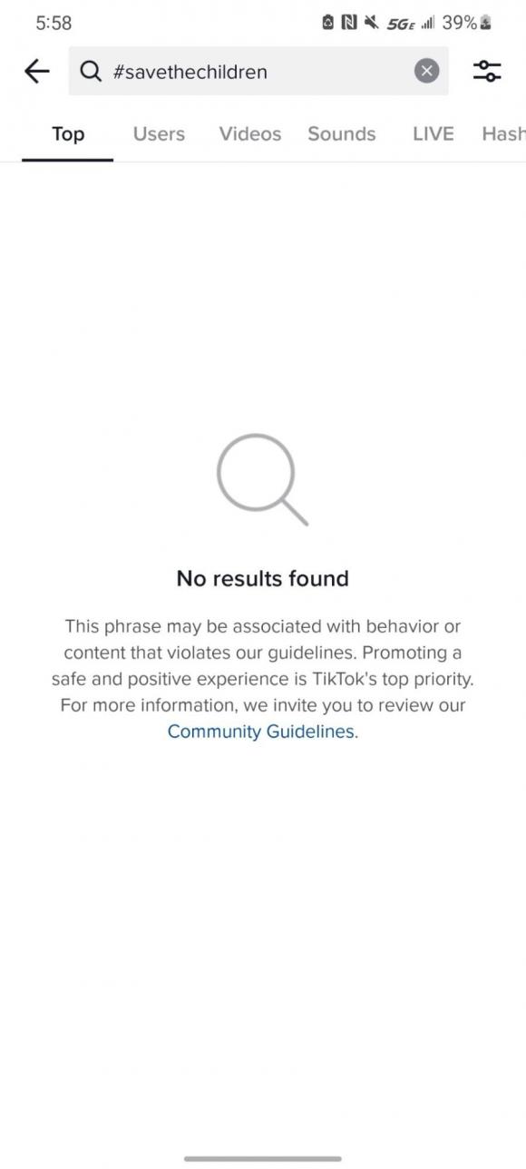 Figure 30. A screenshot of the content warning that comes up when one searches for “#savethechildren” on TikTok. Archived on Perma.cc, https://perma.cc/YZ4A-DH86. Credit: TaSC.