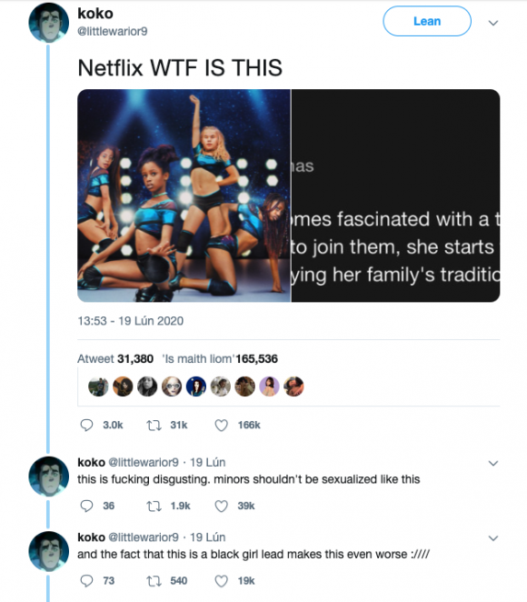 Figure 31. A viral tweet thread criticizing the film “Cuties.” Archived on Wayback Machine, https://web.archive.org/web/20200823002727/https://twitter.com/littlewarior9/status/1296188537084182533. Credit: TaSC.