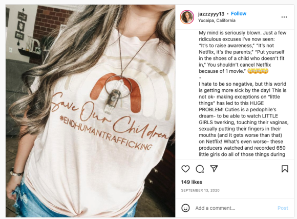 Figure 32. An Instagram post from user @jazzzyyy13, featuring a picture of a woman wearing a “Save Our Children” T-shirt. Archived on Perma.cc, https://perma.cc/RV5F-2UP2. Credit: TaSC.