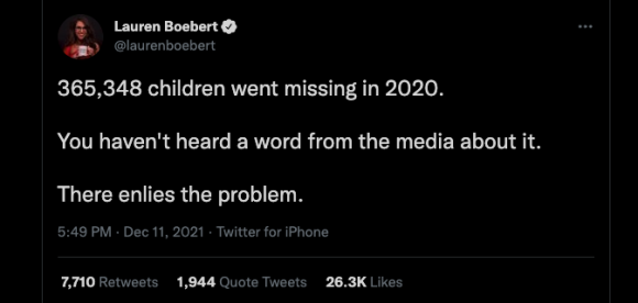 Figure 33. A tweet by Rep. Lauren Boebert about missing children, posted on Dec. 11, 2021. Archived on Perma.cc, https://perma.cc/A3SQ-NZWH. Credit: TaSC.