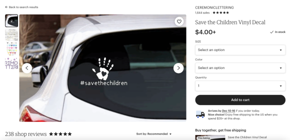Figure 36. An Etsy listing for a vinyl decal sticker featuring the hashtag #savethechildren, sold for $4. Archived on Perma.cc, https://perma.cc/YR35-YV8V. Credit: TaSC.