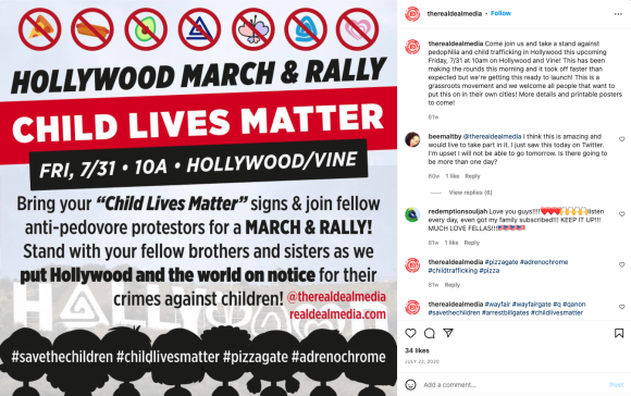 Figure 6. A digital poster promoting the “Child Lives Matter” March in Los Angeles on July 31, 2020, posted by Real Deal Media on Instagram. Archived on Perma.cc, https://perma.cc/3XB2-BSEG. Credit: TaSC.