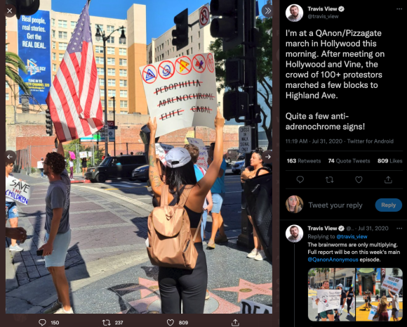 Figure 8. A Twitter thread posted by QAnon Anonymous podcast host Travis View, featuring multiple photos taken during the July 31 Save The Children March in Hollywood, CA. The first image shows a #SaveTheChildren protestor holding a sign with multiple references to QAnon folklore, including “adrenochrome” and an image of a pizza slice. Archived on Perma.cc, https://perma.cc/G9BF-EJ4U. Credit: TaSC.