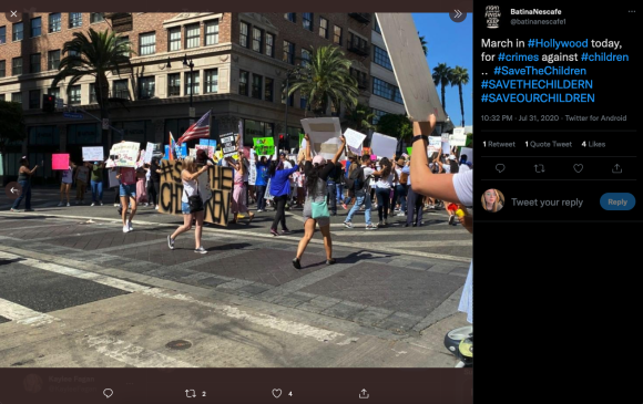 Figure 9. A tweet using the #SAVETHECHILDREN hashtag alongside a photo taken during the July 31 Save The Children March in Hollywood, CA. Archived on Perma.cc, https://perma.cc/8FMP-LVJD. Credit: TaSC.