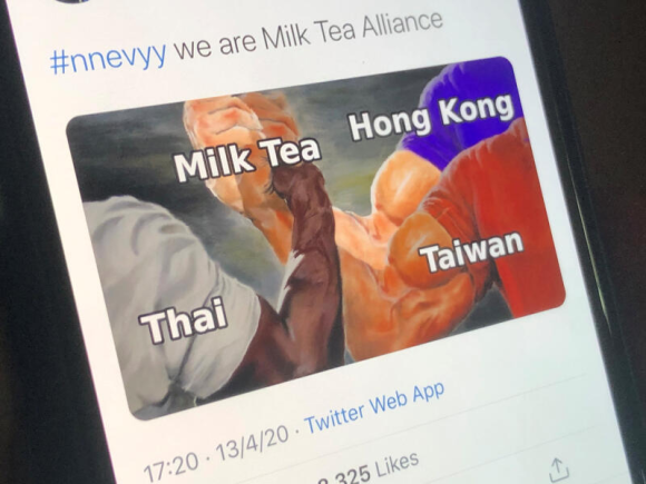 A meme of Thailand, Hong Kong, and Taiwan being united by milk tea.