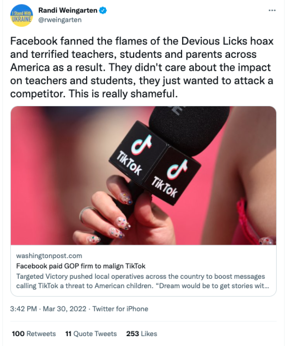 Twitter post by Randi Weingarten reading: “Facebook fanned the flames of the Devious Licks hoax and terrified teachers, students and parents across America as a result. They didn't care about the impact on teachers and students, they just wanted to attack a competitor. This is really shameful.”
