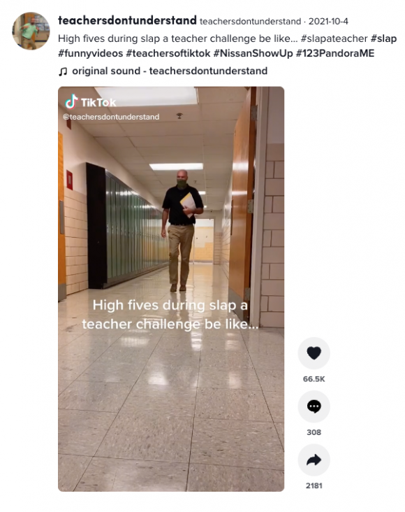 TikTok video of "high fives during slap a teacher challenge"