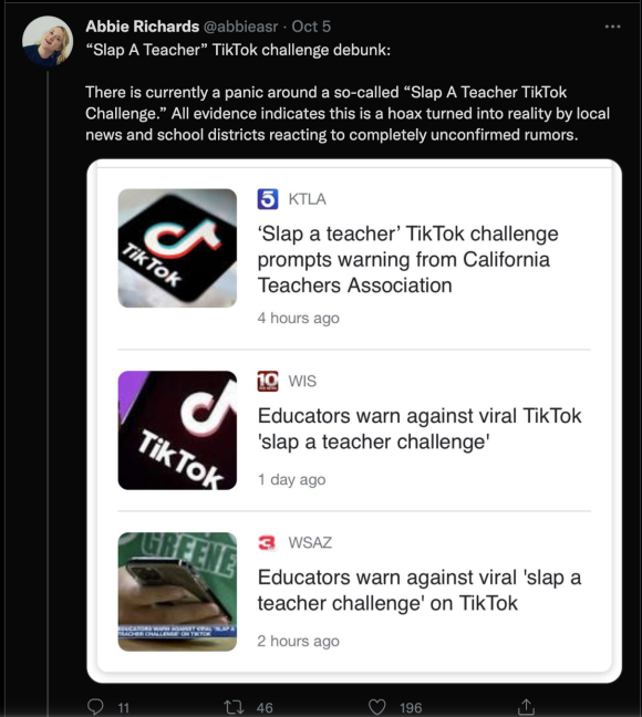 A Twitter post by Abbie Richards showing three different news stories about "slap a teacher" and expressing doubt about whether the trend is real