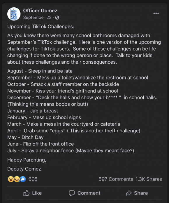 Screenshot of the retyped calendar of monthly activities posted on the Officer Gomez Facebook page, with 605 reactions, 597 comments and 1.3K shares.  