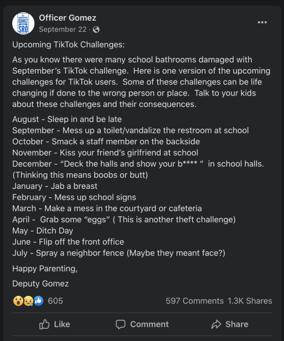 Screenshot of the retyped calendar of monthly activities posted on the Officer Gomez Facebook page, with 605 reactions, 597 comments and 1.3K shares.  