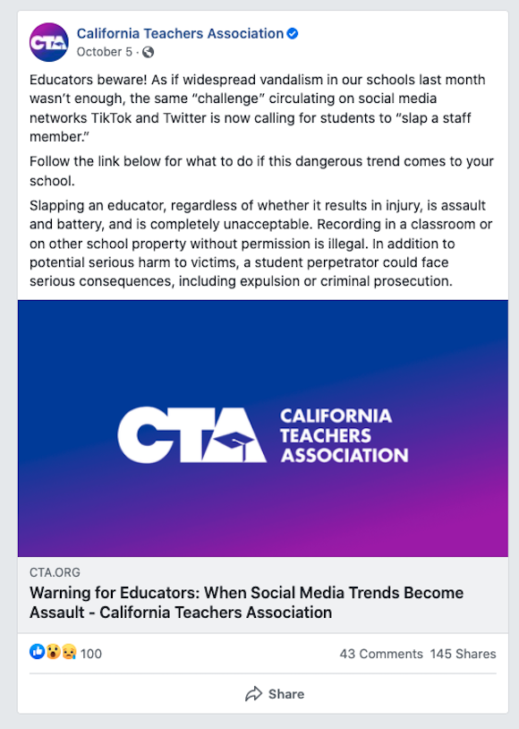 A Facebook post from the California Teachers Association warning educators about the alleged 'slap a teacher' trend, with 100 reactions, 43 comments, and 145 shares.