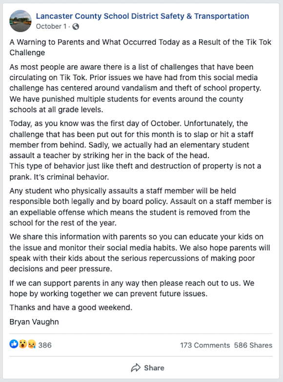 Letter posted on Facebook "warning" parents about a "list of challenges that have been circulating on TikTok" and urging parents to "educate your kids on the issue," with 386 reactions, 173 comments, and 586 shares.