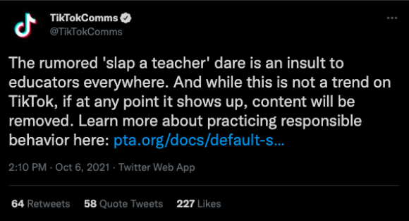 A Twitter post from @TikTokComms disavowing "the rumored 'slap a teacher' dare"